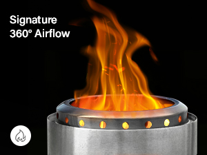 a picture shows an active fire pit with flame in it, with caption "signature 360° airflow"