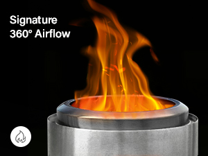 a picture shows an active fire pit with flame in it, with caption "signature 360° airflow"